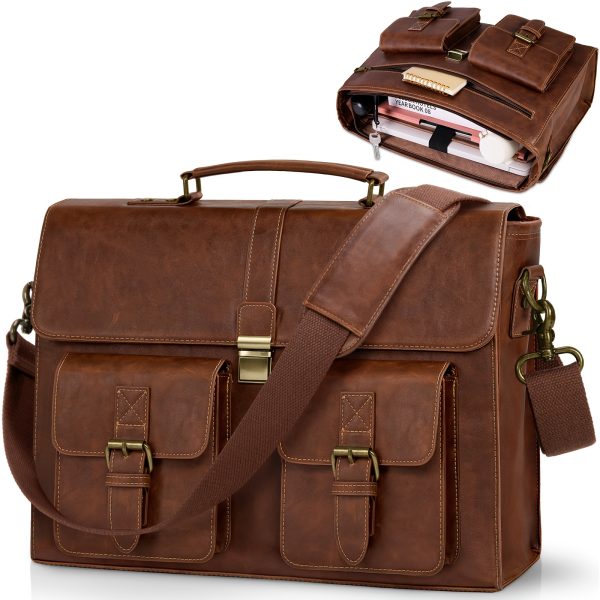 NUBILY Vintage Brown PU Leather Laptop Briefcase - 39.62 cm Waterproof Messenger Bag with Multiple Compartments, Adjustable Shoulder Strap & Golden-Tone Hardware for Office, Travel, and College, Laptop Bag