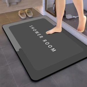 1pc QuickDry Diatomaceous Earth Shower Mat, Super Absorbent & Anti-Slip, Durable Polyester, Washable, Ideal for Tub, Toilet, Basin, Doorway - Modern Black with "Shower Room" Design, Odor-Free Bathroom Accessory, Bath Mats for Bathroom
