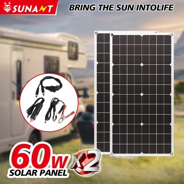 Sunant Portable Solar Charger Kit, 2pcs 60W Panels with 60A Controller and USB Charging, Ideal for RVs, Cars, Outdoor Camping - Insulated Material, Portable Solar Charger, Outdoor Camping Essential Charger