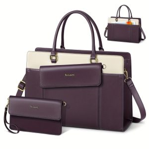 2pcs SDYSM Water-Resistant Laptop Bag Set for Women, 39.62cm Tote with Laptop Compartment, Polyester Lined, Includes Satchel Purse and Cosmetics Bag, Business Office Work Briefcase - Black
