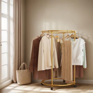 Modern Scandinavian-Inspired Golden Stainless Steel Coat Rack with Wheels - Foldable Floor Stand for Clothes, Towels & Shoes Storage, Ventilated with Multiple Hanging Options