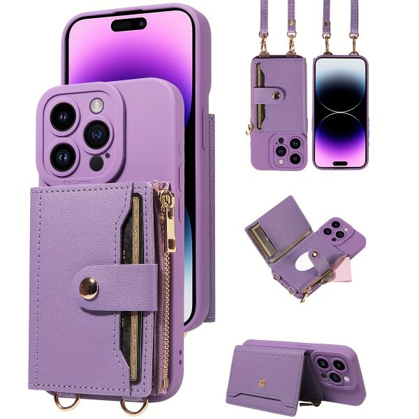 Faux Leather Phone Case with a Mirror And Long Strap, Multifunctional Zip Card Holder for Iphone 16 Pro Max/15/15 Plus/15 Pro/15 Pro Max/14/14 Plus/14 Pro/14 Pro Max, Designed to Be Drop-Resistant.