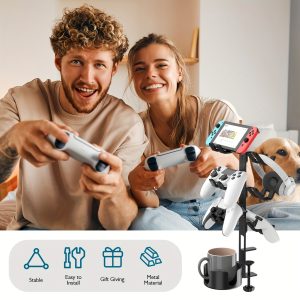 3-Tier Aluminum Alloy Controller Holder with Cup Holder - Adjustable, No-Battery, Under-Counter Installation for Gaming Consoles, Headphones, and Office Supplies, Office Organization | Modern Aesthetic | Durable Build, Controller Holder
