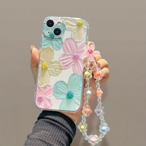 Full Screen Pink, Yellow And Green Flowers with Bracelet Transparent All-Inclusive Anti-Fall Mobile Phone Case Suitable for Apple 16PROMAX/16PLUS/16PRO/16/15PROMAX/15PLUS/15PRO/15/14PROMAX/14PLUS/14PRO/14/13PROMAX/13PRO/13/12PROMAX/12PRO/12 11PROMAX/11PRO/11/XSMAX/XR/XS/7#8PLUS/7#8 Protective Cover Transparent Shock Absorption