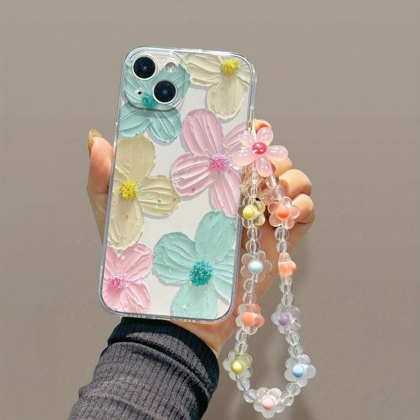 Full Screen Pink, Yellow And Green Flowers with Bracelet Transparent All-Inclusive Anti-Fall Mobile Phone Case Suitable for Apple 16PROMAX/16PLUS/16PRO/16/15PROMAX/15PLUS/15PRO/15/14PROMAX/14PLUS/14PRO/14/13PROMAX/13PRO/13/12PROMAX/12PRO/12 11PROMAX/11PRO/11/XSMAX/XR/XS/7#8PLUS/7#8 Protective Cover Transparent Shock Absorption