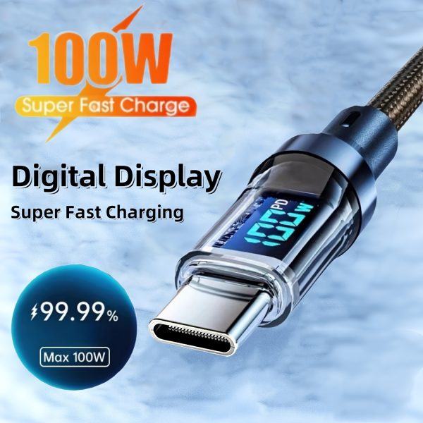 100W Fast Charging Type C Cable with Digital Display, Durable Nylon, Compatible with Multiple Brands of Mobile Phones and Tablets, Round Shape
