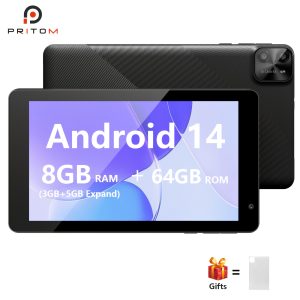 PRITOM 7-Inch Android 14 Tablet with Protective Case, 8GB RAM (3GB+5GB Expandable), 64GB Storage, Octa-Core A523 Processor, HD IPS Screen, Dual Cameras, Wi-Fi, Stereo Speakers, Gift Included