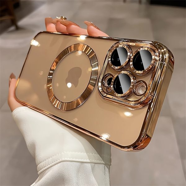 Luxury Magnetic Wireless Charge Plating Clear Phone Case for iPhone 16 15 14 13 12 11 Pro Max Plus Ultra-Thin Soft TPU Shockproof Transparent Cover with Camera Lens Protector Film