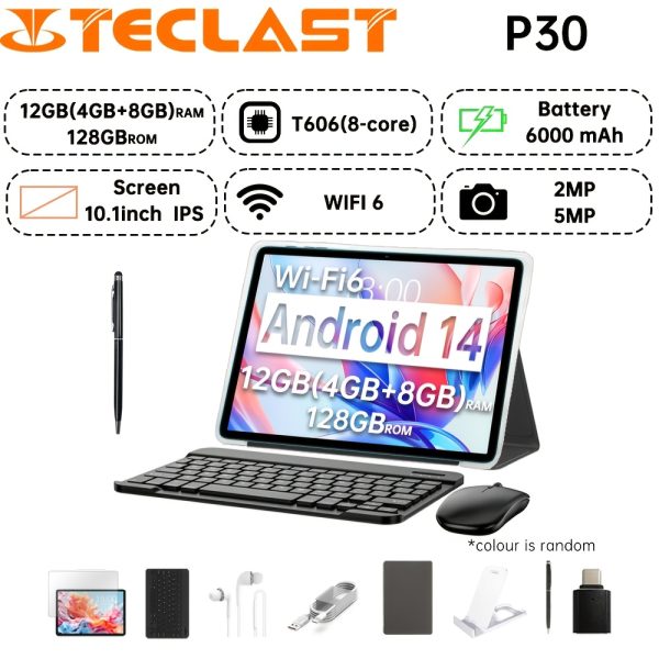 Teclast P30 Tablet Unisoc T606 1.6GHz/4GB RAM/128GB ROM/25.65cm 1280x800 IPS/WiFi/6000mAh/Type-C/5MP+2MP Camera/Android 14) Keyboard, Accessories Bundle