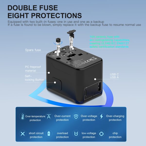 Compact Multi-Functional Travel Adapter with Compatibility - Fast Charging, Temperature Control, Dual Fuse Safety, Portable Design, Supports Multiple Plug Specifications for US/EU/Au/Uk, 85V-265V, No Battery Needed