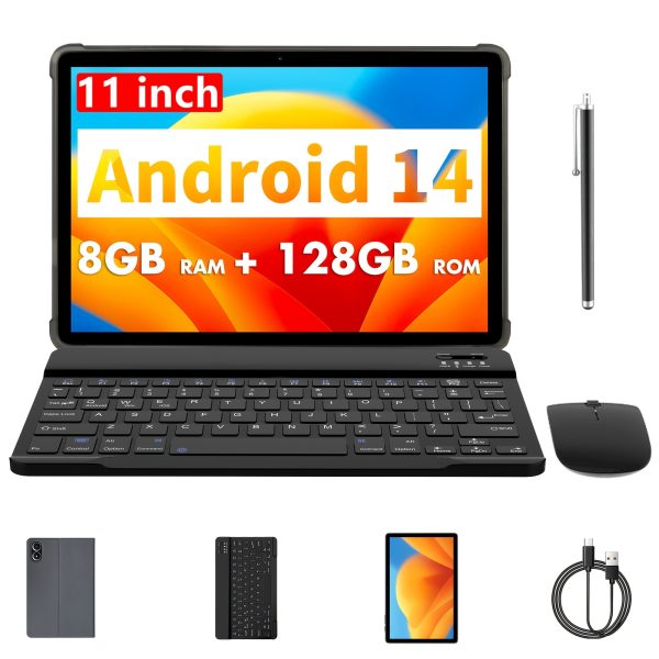 ROENLLCE 11-Inch Tablet with Android 14 Operating System, Includes Keyboard, Mouse, Case, Stylus, (4G + 4G Memory Expansion) RAM + 128GB ROM, 8000Mah Large Battery, Dual Cameras, 1280*800 IPS HD Display, Tablet.