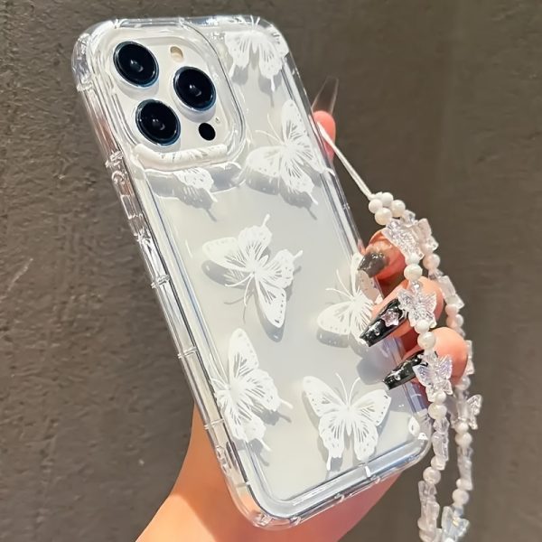 1pc Fashion Butterfly Simple Style Pattern Transparent Mobile Phone Case with Advanced Butterfly Bracelet Lanyard, Suitable for iPhone16, 16 Pro, 16 Plus, 16 Pro Max, 15, 15 Pro, 15 Plus, 15 Pro Max, 11, 11 Pro Max, 12, 12 Pro Max, 13, 13 Pro, 13 Pro Max, 14, 14 Plus, 14 Pro, 14 Pro Max, XS/XR. 7/8plus