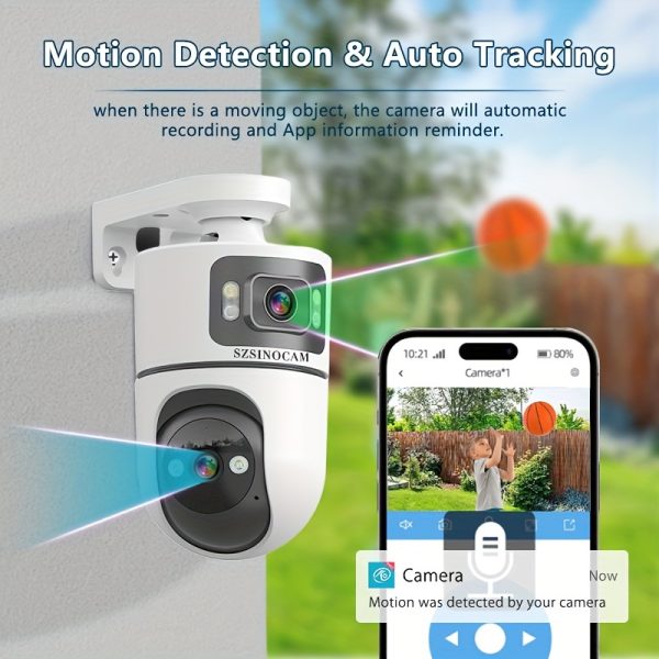 Wireless Camera with Dual Lenses, Outdoor PTZ Security Camera Featuring 2.4G Wifi, Dual Display, Automatic Tracking, Night Vision, Two-Way Audio, And Motion Detection for Monitoring Home And Street Safety.