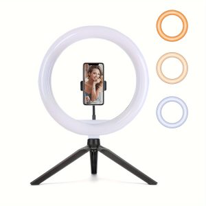 LED Ring Light 25.4cm with Tripod Stand & Phone Holder for Live Streaming Dimmable Desk Makeup Ring Light for Photography, Shooting with 3 Light Modes & 10 Brightness Level