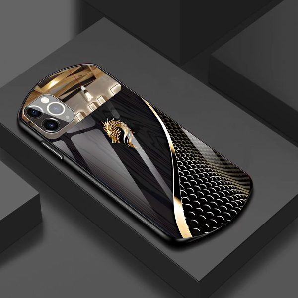 Suitable for Iphone 12, 13, 14, 15, 16, And 11 Pro Max, This Luxurious Golden Dragon Faux Wood Grain Oval Glass Case Features a Protective Shield with a Half Mirror.