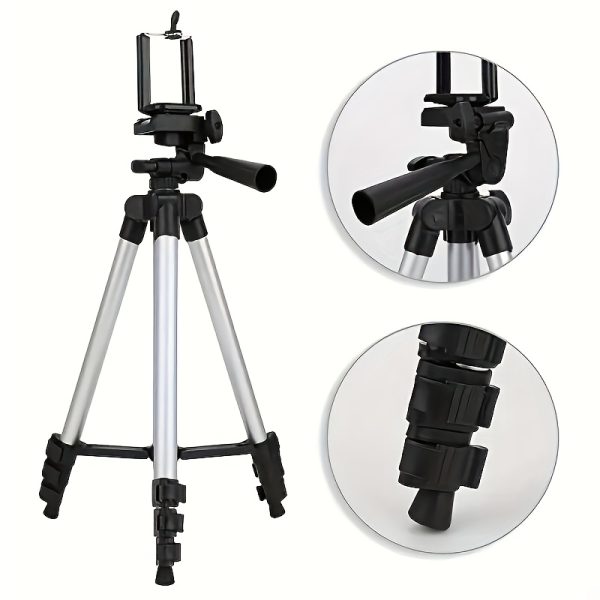 Aluminum Alloy Tripod, Adjustable Camera Stand with Phone Holder, Portable 3-Section Tripod for Photography, Live Streaming, and Selfies