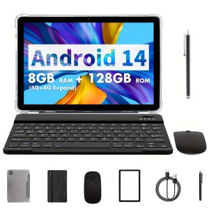 10.1-Inch Android 14 Operating System Tablet, a 2-In-1 Device with Keyboard, Mouse, Protective Case, Stylus, 128GB ROM + 8GB (4GB + 4GB Expandable) RAM, Dual 8MP Cameras, Octa-Core Processor, 8000Mah Battery, 1280*800 IPS HD Display, Tab, Wi-Fi 6, Google, Tablet.