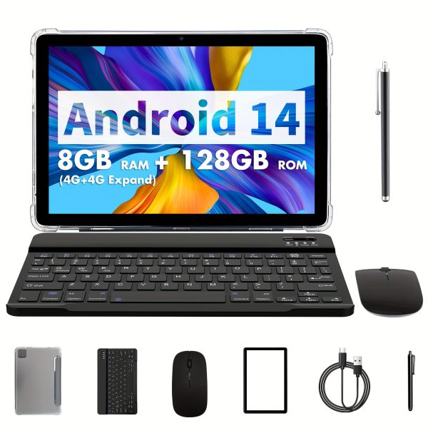 10.1-Inch Android 14 Operating System Tablet, a 2-In-1 Device with Keyboard, Mouse, Protective Case, Stylus, 128GB ROM + 8GB (4GB + 4GB Expandable) RAM, Dual 8MP Cameras, Octa-Core Processor, 8000Mah Battery, 1280*800 IPS HD Display, Tab, Wi-Fi 6, Google, Tablet.