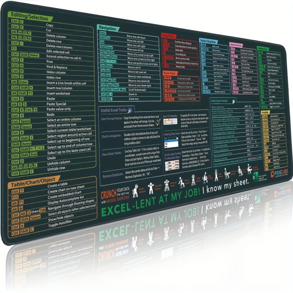 1pc Excel Shortcut Cheat Sheet Mouse Pad - XL Extended Gaming Mouse Mat with PC Office Spreadsheet Keyboard Pad | Non-Slip Stitched Edges | Polyester Fiber Material