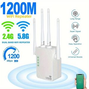 Dual Band WiFi Repeater 2.4G/5G, Up to 9000 Sq Ft Range, Easy Setup with Ethernet Port, Stable Long-Distance Router Booster for Home & Office, Energy-Efficient Design, White