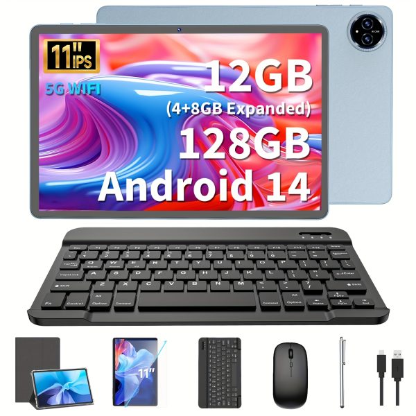 2025 New Android Tablet, 27.94 cm Android 14 Tablet with Keyboard, 12GB(4GB+8GB)+128GB, 5MP+13MP, 2.4G&5G WiFi, IPS Screen, 2 in 1 Tablets with Case, Mouse, Stylus, 2.4 GHz Radio Frequency, Rockchip Graphics Processor, Mali-G57 Graphics Coprocessor, 1280x800 Screen Resolution, USB Charging, Lithium Battery-Polymer, No Charger Included, Type-C Port Charging, 5-10W Power Range, No Coordinated Fast Charging Supported, QDDQ Brand