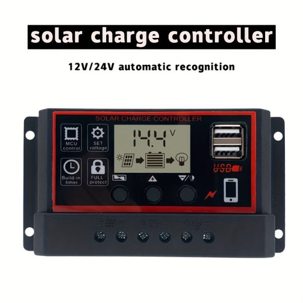Solar Charge Controller 12V/24V Compatible with LCD Display, Adjustable Load Timing, Dual USB Outputs, Multi-Protection System for Enhanced Power Generation Efficiency - Hardwired Power Supply Mode
