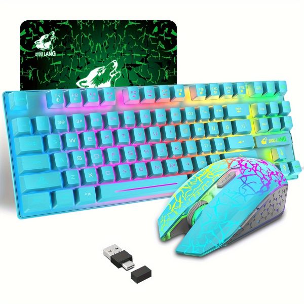 ZIYOULANG T87 Upgraded 87-Key Wireless Gaming Keyboard & Mouse Combo, Rainbow Backlit Mechanical Feel, 2.4G Rechargeable, Includes 2400DP Optical LED Mouse & Free Pads, USB-C Charging, Vibrant Green & Blue Lighting