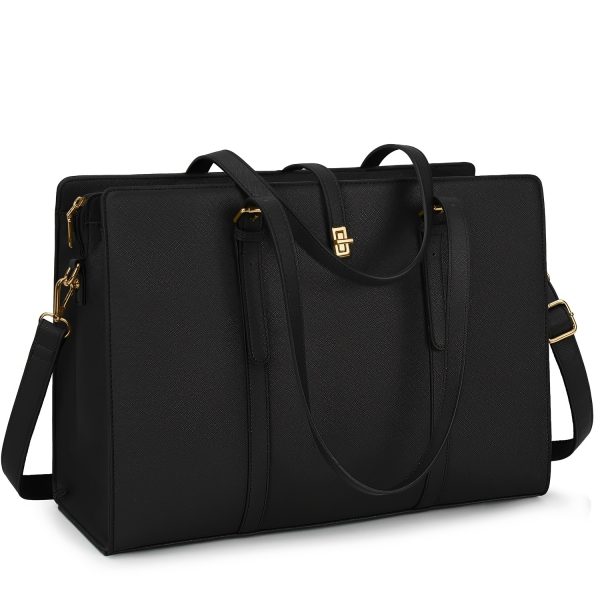 IGOLUMON Women's 39.62cm Laptop Tote Bag - Large PU Leather Handbag with Golden-Tone Hardware, Black Designer Work & School Shoulder Bag for Computer, Office, Business, Laptop Handbag | Modern Women's Bag | PU Leather Bag, Laptop Bag
