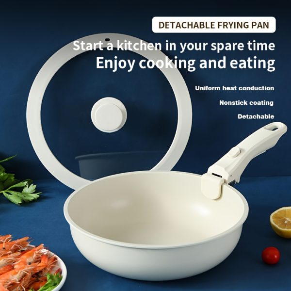 1pc, ceramic non-stick frying pan, removable handle with lid, uniform heat transfer, non-stick inside and out, suitable for roasting, high appearance level cream color, 5 layers of solid material, one set to meet a variety of cooking needs