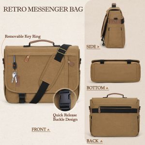 Men's Water-Resistant Khaki Canvas Messenger Bag - 43.18-43.94 cm Laptop Shoulder Briefcase with Multiple Compartments, Adjustable Strap & Zipper Closure for Office, College, and Everyday Use