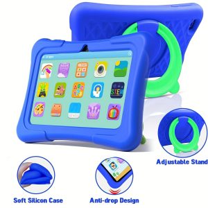 Crelander 7-Inch Android Tablet with Parental Control, 32GB Storage & 4GB RAM, Quad-Core Processor, WiFi 6, Adjustable Stand, Soft Silicone Case, Blue