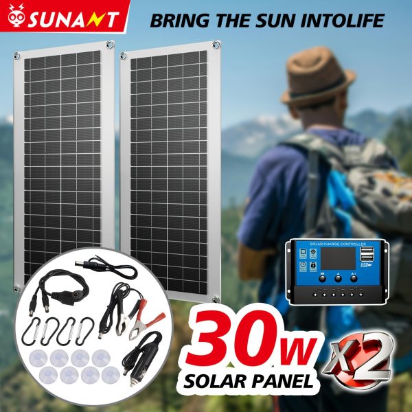 A 30W Solar Panel with 1 Or 2pcs, Equipped with a 60A Controller And Two USB Charging Ports, Suitable for Charging Phones, Rvs, And Power Banks, Essential for Outdoor Use.