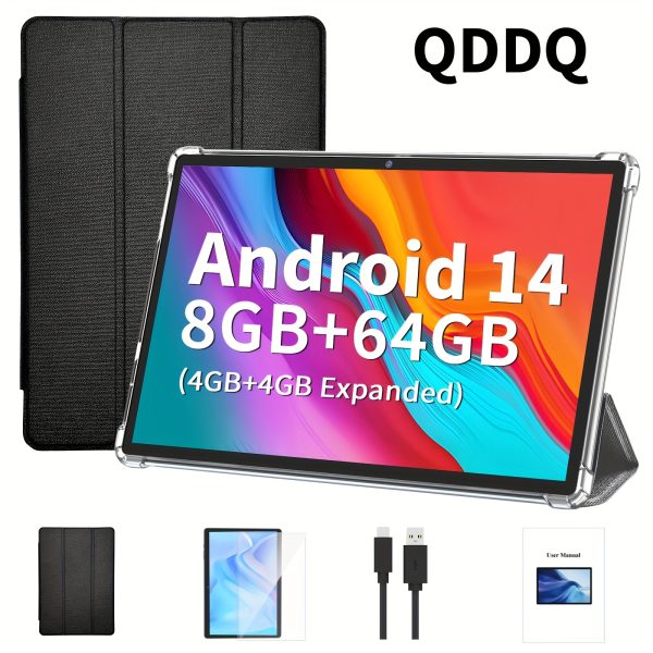 QDDQ 25.65cm Android Tablet with Protective Case, 64GB Storage (8GB RAM + 4GB Expansion), Android 14, 5+8MP Dual Camera, FHD Touch Screen, WiFi, Type-C Charging, Preloaded with Essentials for Work & Entertainment