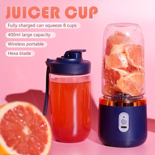 Compact 6-Blade USB Portable Juicer Maker - Wireless, Rechargeable Smoothie & Juice Cup with Hexagonal Blades, 400ml Capacity, Food-Grade ABS, Ideal for Fruit Juicing & Ice Crushing