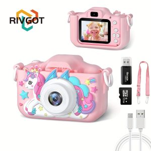 RIVGOT Kids Unicorn Selfie HD Camera, Rechargeable Electronic Digital Video Camera, Portable Camera Toy, as Christmas, Birthday Gift for 3-12 Years Old Girls, Boys