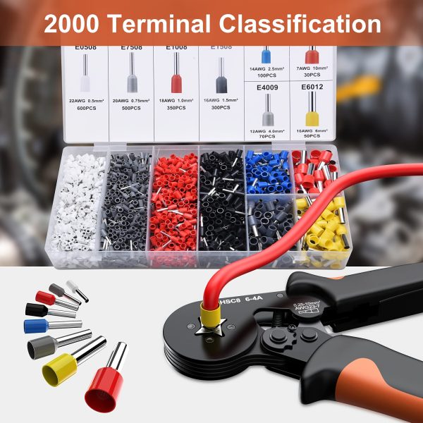300pcs-2000pcs VE Tubular Crimp Terminals with HSC8 6-4A Pliers Kit, AWG23-7 Self-adjustable Ratchet Wire Crimping Tool Kit