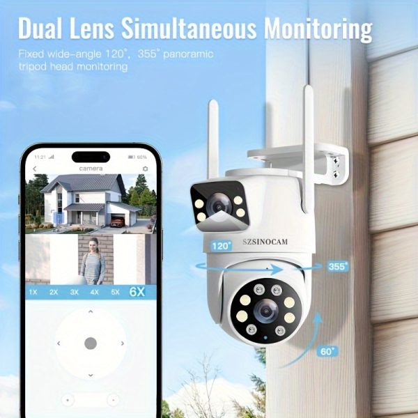 1pc SZSINOCAM 720P HD Wireless Outdoor Security Camera, Dual Lens, Ultra Clear Night Vision,, App Control, USB Charging, 360° Pan-Tilt, Motion Detection, Two-Way Audio, No Battery, Wi-Fi Enabled