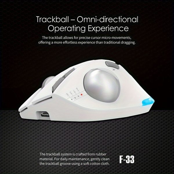 JOMAA F-33 Trackball Mouse, Adjustable Angle, Macro, Customizable Buttons, Ergonomic, Office Drawing, Right-Handed, Plastic, Wireless, USB Type-C Charging, 730mAh Rechargeable Lithium Polymer Battery, No Charger Included
