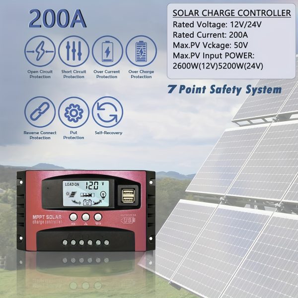 Mailin 200A MPPT Solar Charge Controller for 12V/24V Batteries, Intelligent Dual USB Port Regulator with LCD Display & Safety Protection, Hard-Wired Power Supply - Below 50V Acceptance