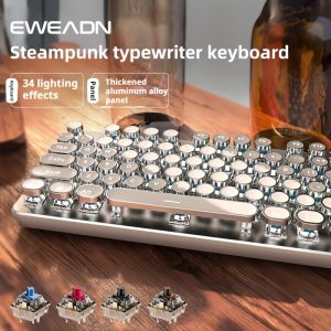 EWEADN Steampunk Typewriter Keyboard - 104-Key Mechanical Gaming & Office Board, All-Metal Panel, USB Wired, LED Backlit, Ergonomic Design with Blue/Red Switches, Thickened Aluminum Alloy, for Windows Laptop PC, White, Gaming Keyboard