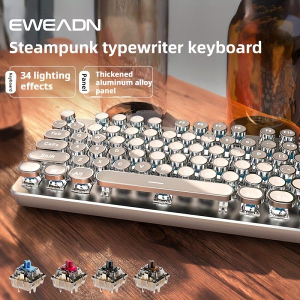 EWEADN Steampunk Typewriter Keyboard - 104-Key Mechanical Gaming & Office Board, All-Metal Panel, USB Wired, LED Backlit, Ergonomic Design with Blue/Red Switches, Thickened Aluminum Alloy, for Windows Laptop PC, White, Gaming Keyboard