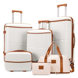 6pcs Travel Luggage Set, Brown PP Trolley Cases with Universal Wheels, 13+20+24+71.12 cm, Zipper Suitcases with Travel Bag & Makeup Bag, Easy Clean with Dry Cloth