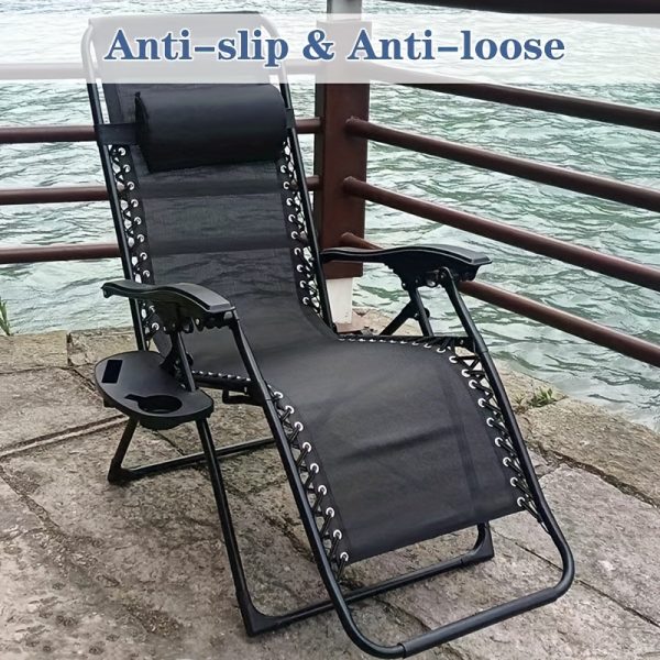 1pc Durable Folding Chair Side Table Accessory, Black Plastic Beverage and Snack Storage Tray with Deep Groove & Drain Holes, No Electricity Needed