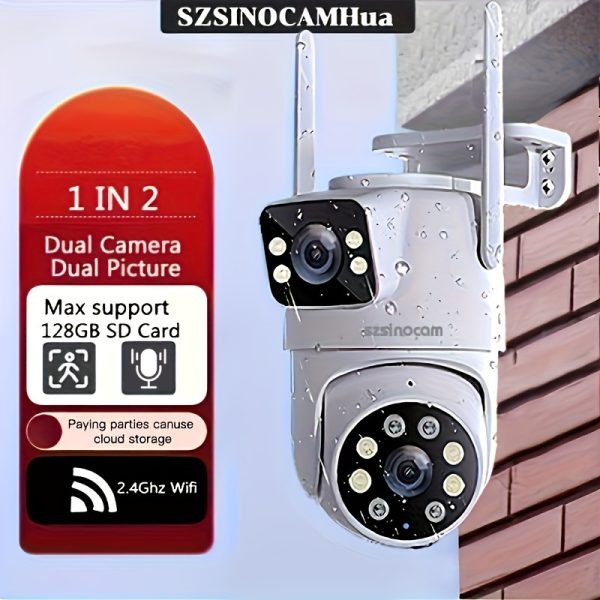 1pc SZSINOCAM 720P HD Wireless Outdoor Security Camera, Dual Lens, 2K Ultra Clear Night Vision,, App Control, USB Charging, 360° Pan-Tilt, Motion Detection, Two-Way Audio, No Battery, Wi-Fi Enabled