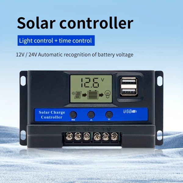Versatile Smart Solar Charge Controller with LCD Display - 12V/24V Auto, Lead-Acid/Lithium Battery Compatible, Dual USB Ports for Phone Charging, Overcharge/Undercharge Protection, Short Circuit Safety Features, Portable Charger