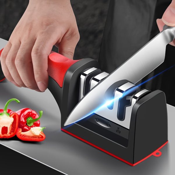 3-Stage Professional Knife Sharpener - Tungsten, Diamond & Ceramic Sharpening Stones for Kitchen Knives, Durable PP+TPR Body, Mixed Color