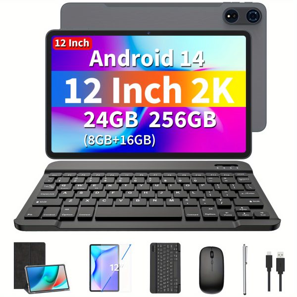 1pc YOBANSE 30.48 cm Android 14 Tablet with Keyboard, 24GB(8GB+16GB)+256GB, 8MP+16MP, 2.4G&5G WiFi, IPS Screen, GMS, 2 in 1 Tablets with Case, Mouse, Stylus