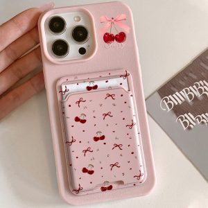 Cherries and Bowknots; 2pcs Mobile Phone Cases + Adhesive Card Holder Compatible with Apple 13 Mobile Phone Case Apple 13 Mobile Phone Case iphone11/11promax/11pro/12/12pro/12promax/13/13pro/13promax/14/14pro/14promax/15/15promax/15pro/16/16pro/16promax Protective Case