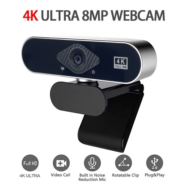 4K Ultra HD USB Webcam with Auto Focus, Built-in Microphone, Adjustable Mount & Rotatable Clip for Video Calls, Streaming, and Conferencing, Streaming Camera | Sleek Device Design | Adjustable Clip