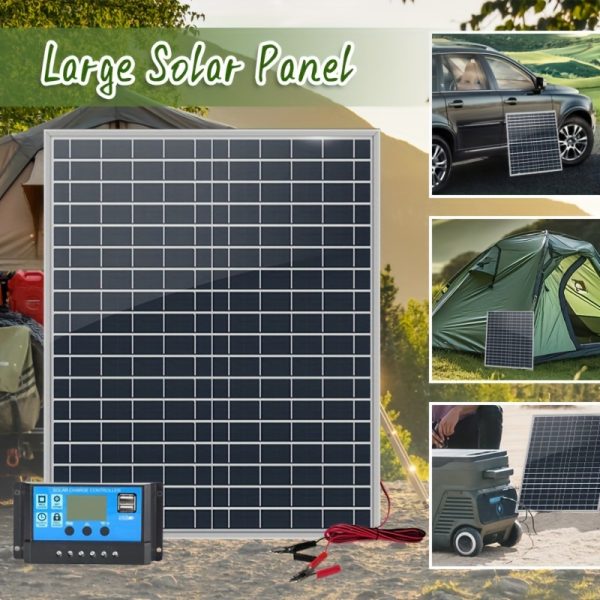 100A Controller DC 12V-18V-24V Portable Solar Panel Kit with 60A/80A/100A Controller USB 5V Solar Charger Suitable for Portable Power Supply, Camping, Hiking, Car, Boat, Phone, Watch, Pet Bed and Other Camping Accessories